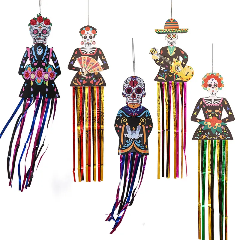 Halloween Day Of The Dead Hanging Decorations Sugar Skull Ghost Bride Groom Pendant With Colorful Tassels Outdoor Yard Party Decor