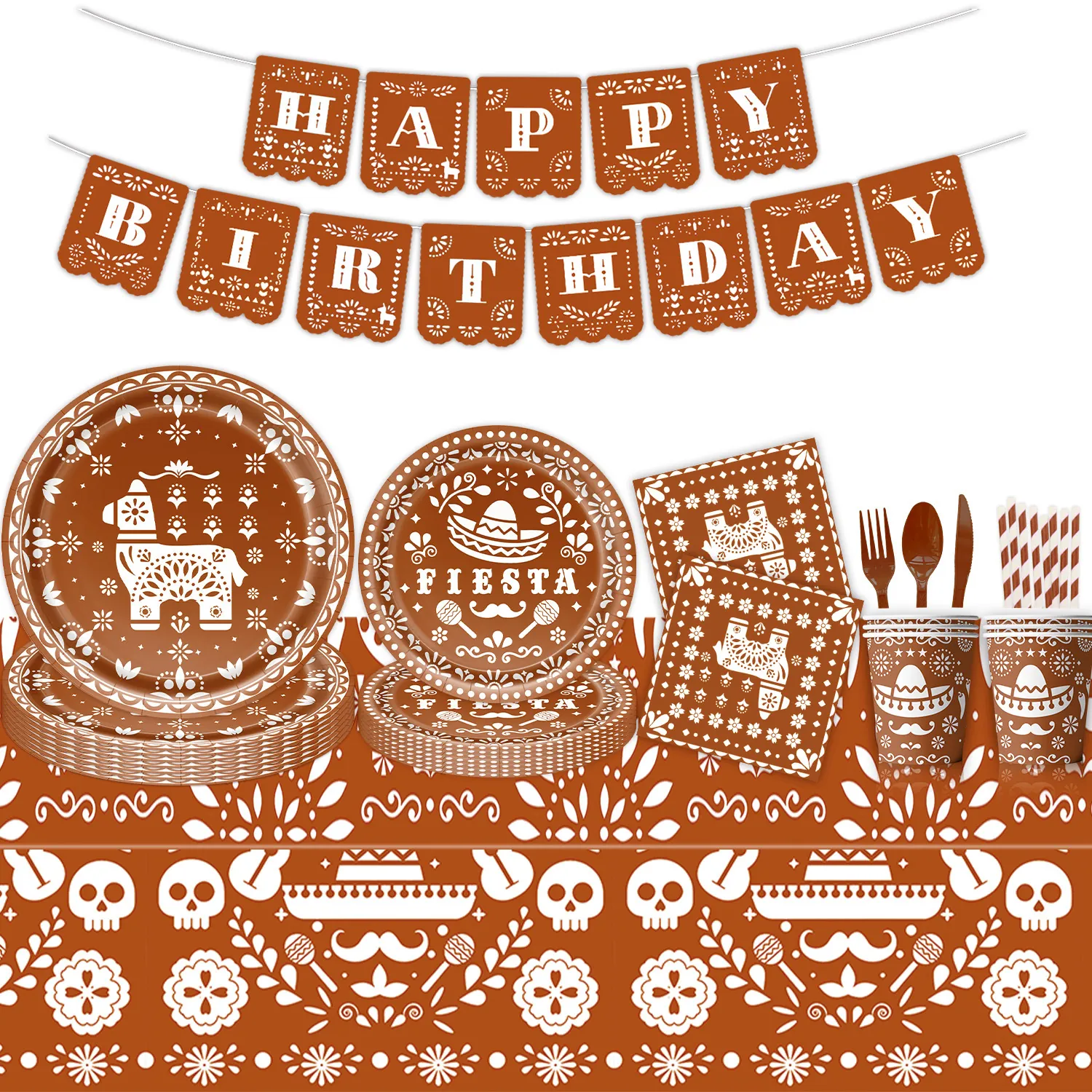 Mexikanisches Fiesta Tag Der Toten Einweg Geschirr Set Braun Weiß Totenkopf Sombrero Muster Geburtstag Party Zubehör Deko