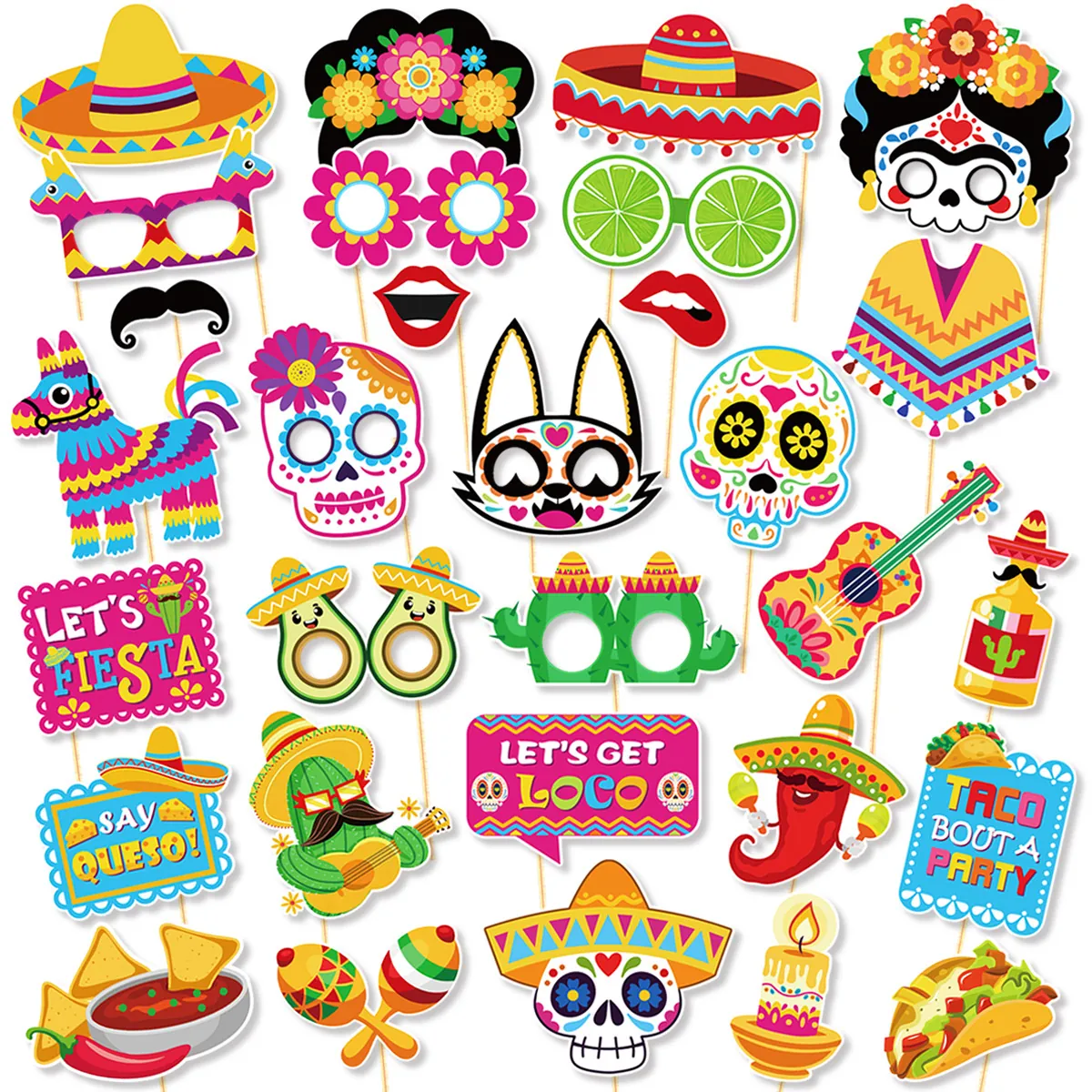 Mexican Fiesta Party Photo Booth Props Sombrero Sugar Skull Cactus Mustache For Day Of The Dead Celebration Party Supplies