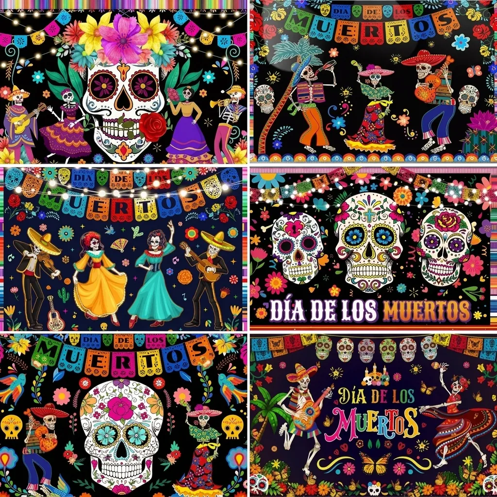 Mexican Day Of The Dead Backdrop Sugar Skull Skeleton Party Decoration Polyester Banner Festive Photography Background Tapestry