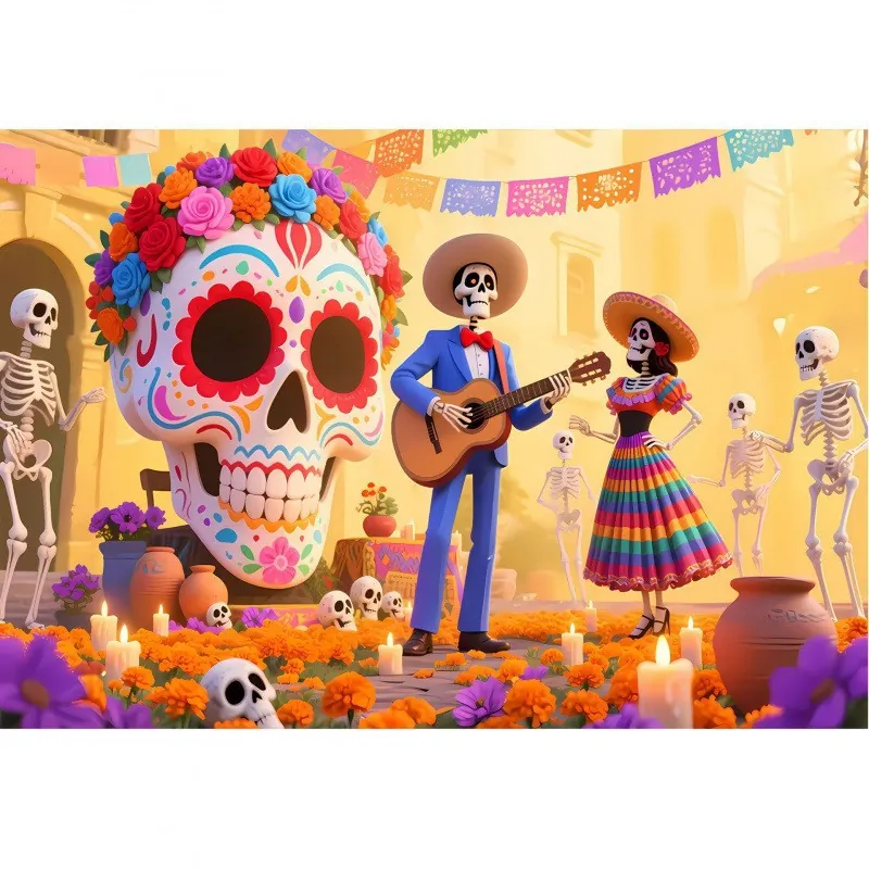 Sfondo Messicano Del Giorno Dei Morti Dia De Los Muertos Banner Teschio Di Zucchero Floreale In Poliestere Decorazione Per Feste Foto Sfondo
