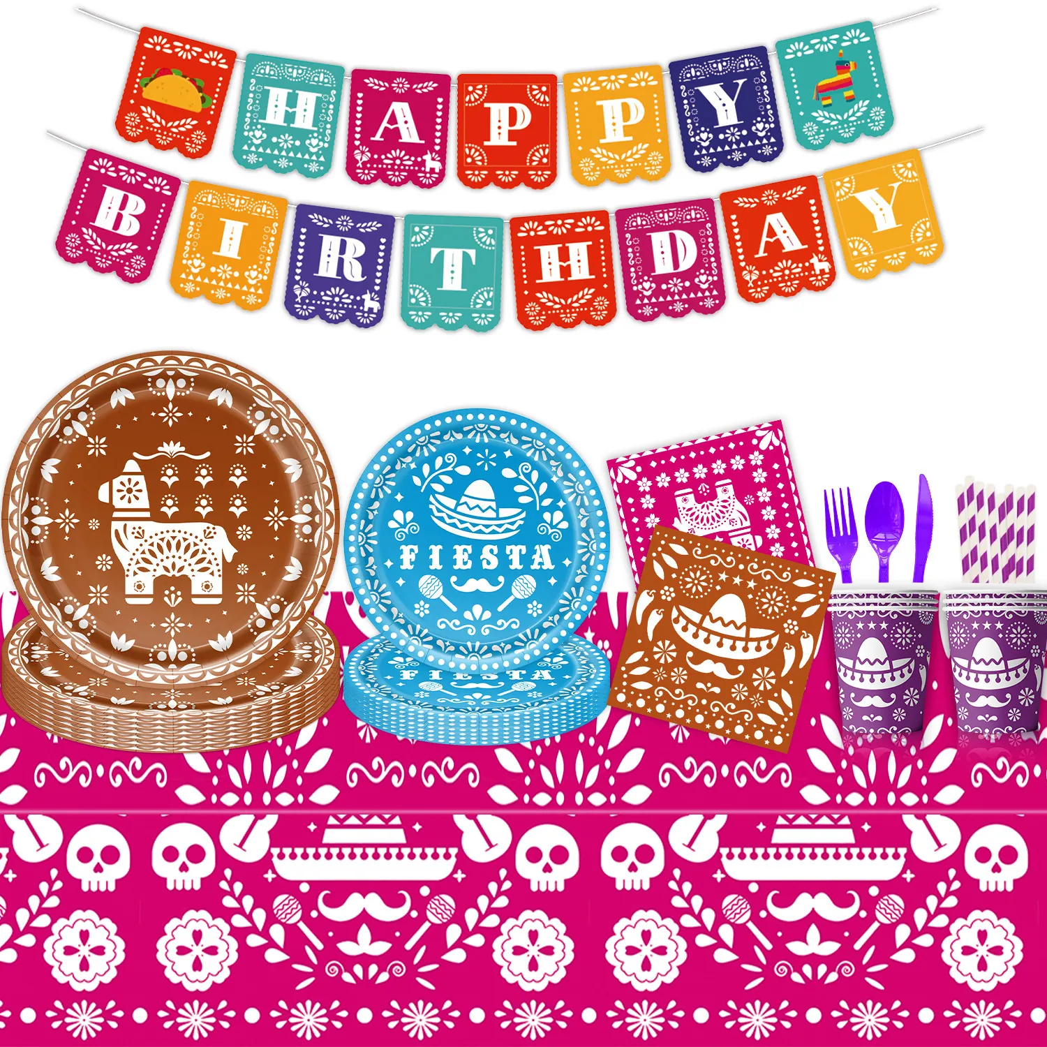Mexikanisches Fiesta Tag Der Toten Thema Partygeschirr-Set Totenkopf Sombrero Muster Einweg-Pappteller Becher Servietten Banner Tischdecke Für Karneval Geburtstag Event Dekor