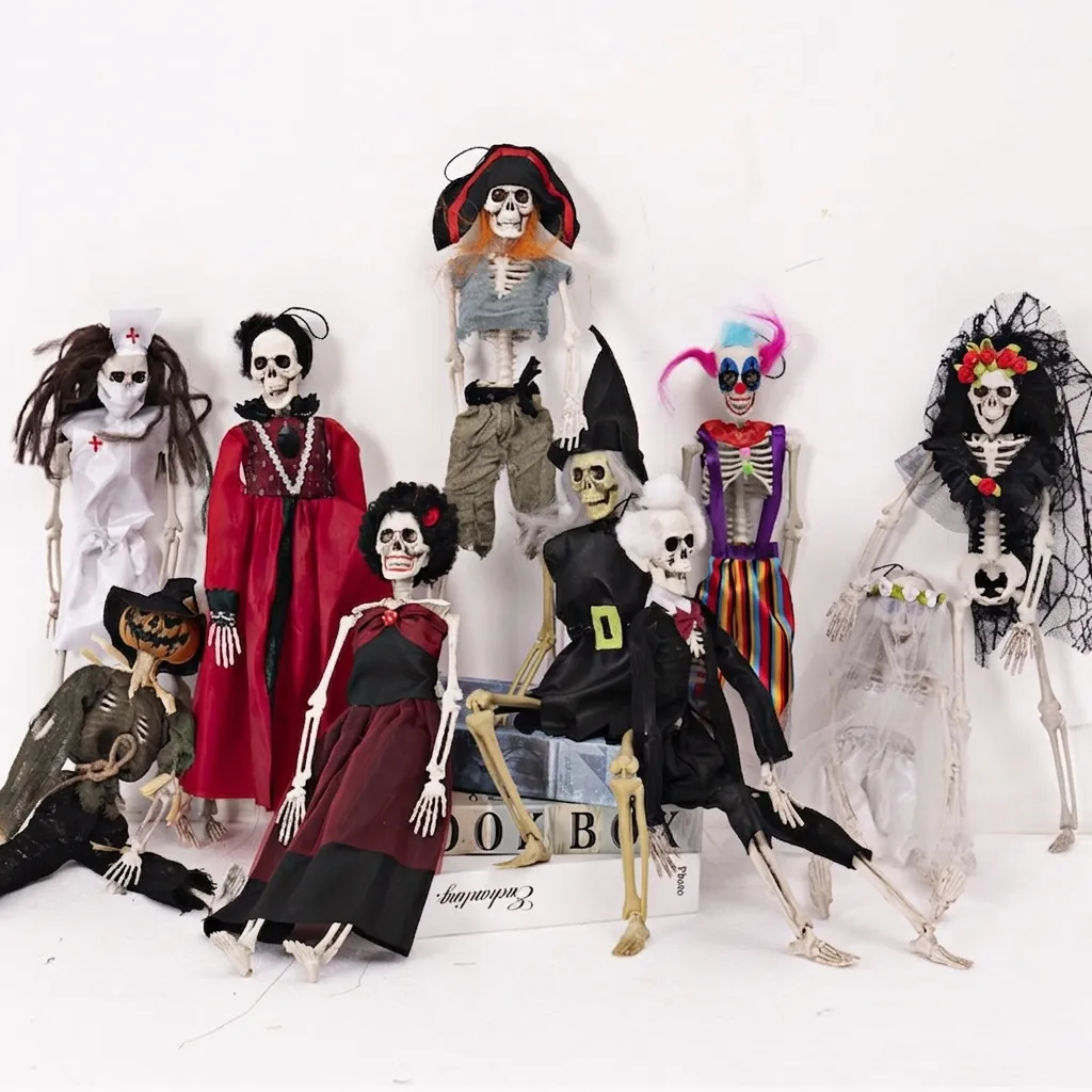Halloween Bewegliche Skelett Dekoration Gruseliges Clown Pirat Hexe Geist Braut Modell Für Tag Der Toten Spukhaus Party Layout Requisite