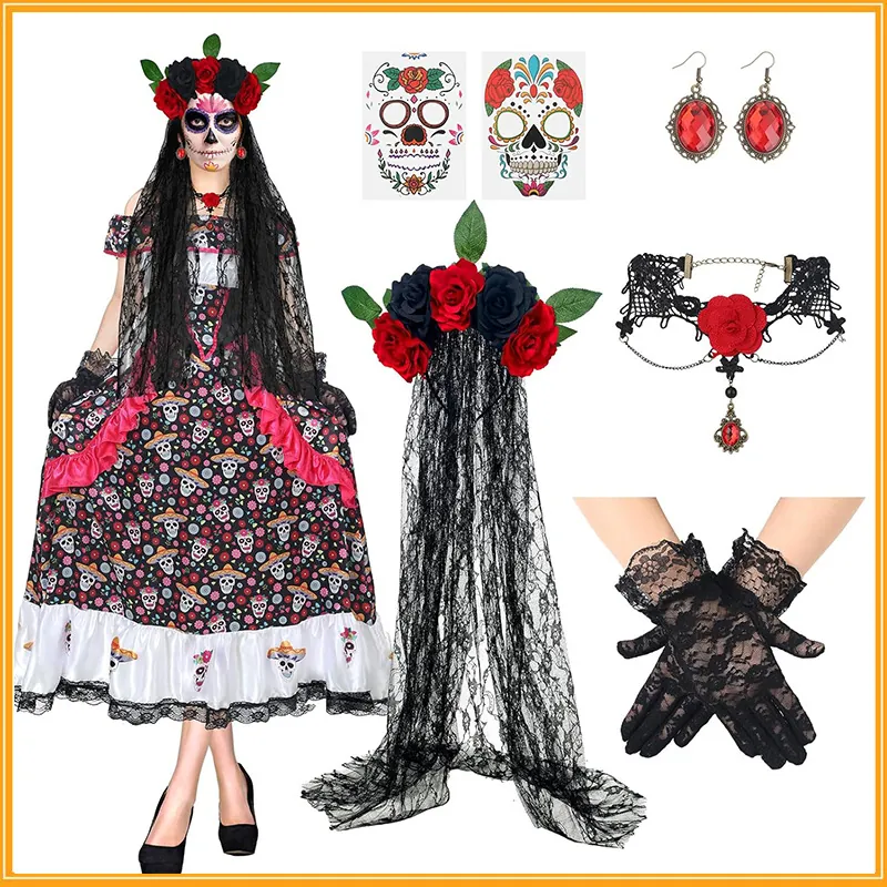 Mexican Day of Dead Accessory Set Lace Rose Headband Veil Tattoo Stickers Gloves Choker Earrings Retro Halloween Decor