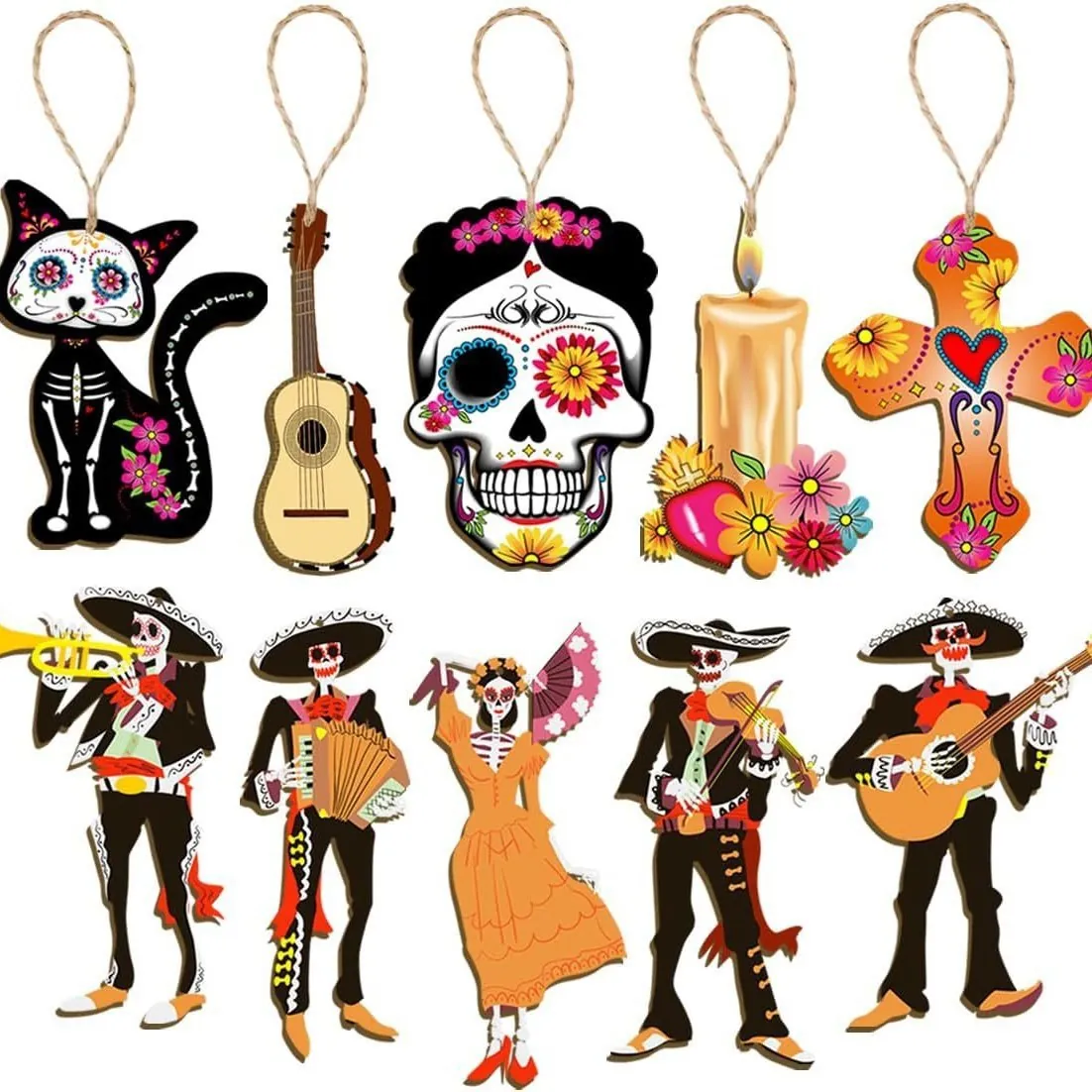 Mexican Day Of The Dead Wooden Hanging Ornaments Sugar Skull Skeleton Decoration For Halloween Party Home Tree Decor
