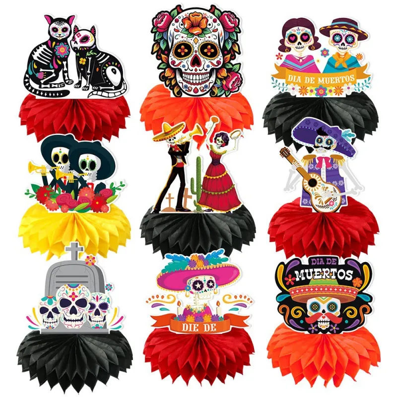 Mexican Day Of The Dead Party Honeycomb Centerpieces Colorful Skull Paper Desktop Ornaments Festive Celebration Supplies