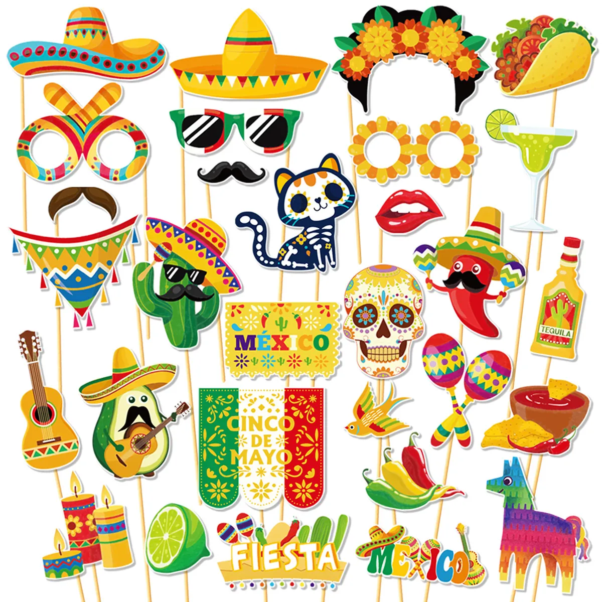 Mexican Fiesta Photo Booth Props Day Of The Dead Party Decoration Paper Sombrero Cactus Taco Mustache Party Supplies