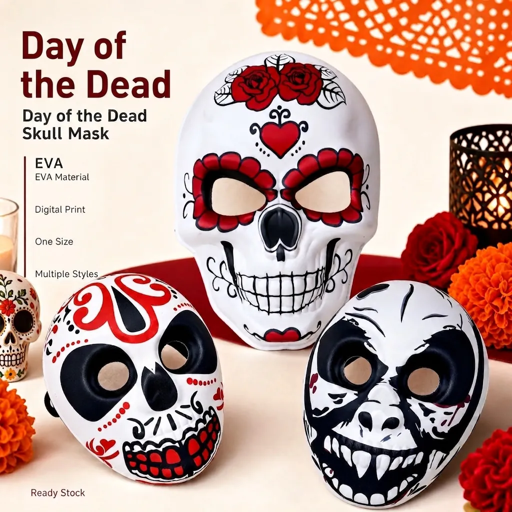 Masque de Crâne en Sucre Jour des Morts Mexicain Impression Numérique Masque EVA Pour Halloween Carnaval Bal Masqué Fête Décoration
