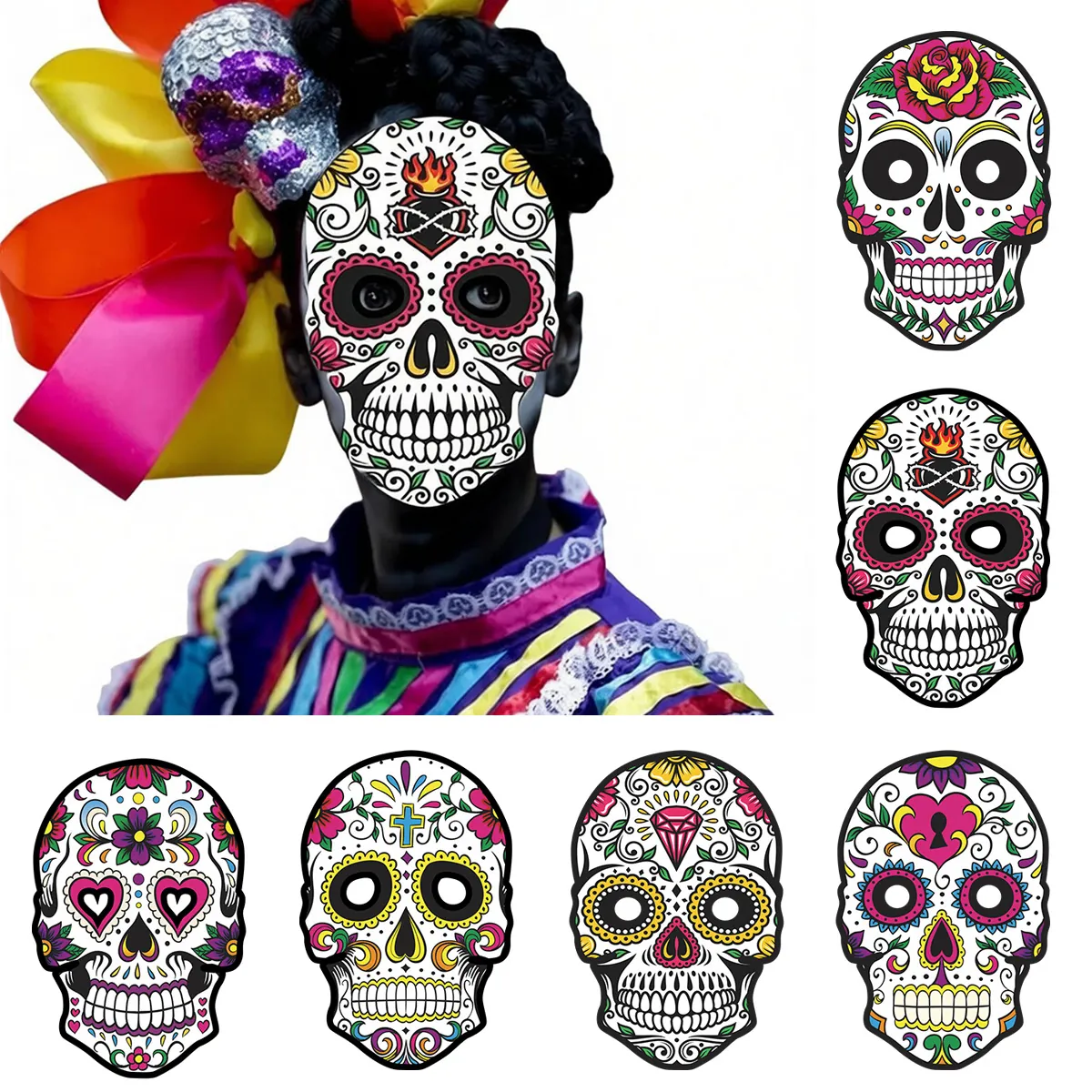 Mexican Day Of The Dead Paper Masks Set Colorful Sugar Skull Halloween Party Decor Props For Masquerade Festival Carnival Decoration