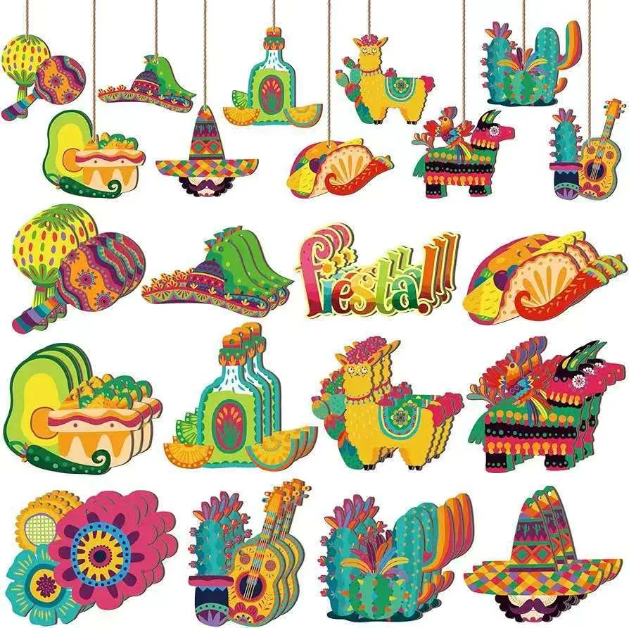Cinco De Mayo Wooden Hanging Decorations Mexican Fiesta Carnival Supplies Cactus Llama Guitar Sombrero Ornaments Home Tree Decor