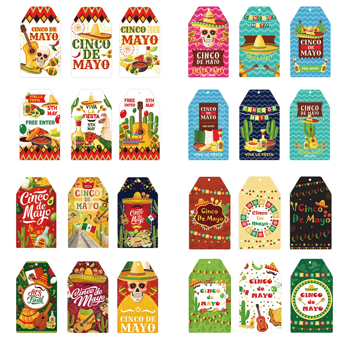 Mexican Cinco De Mayo Gift Tags Hanging Decorations With String Cartoon Cactus Sombrero Guitar Paper Tags For Party Supplies
