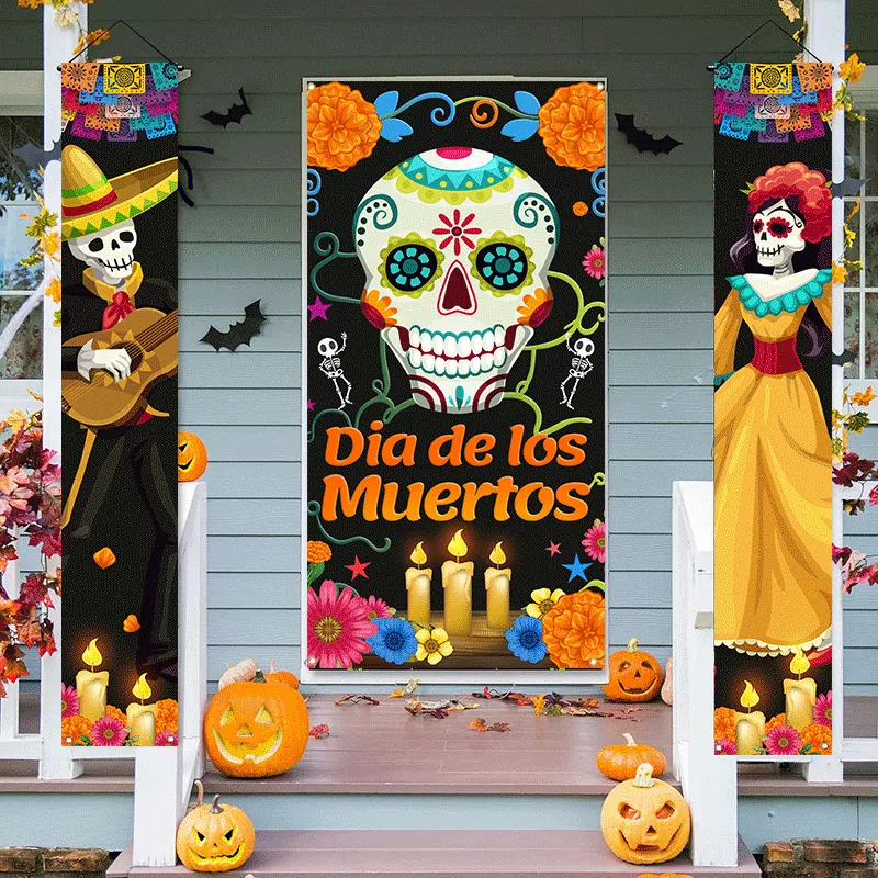 Segnale da Portico Halloween Giorno Dei Morti Messicano Teschio di Zucchero Poliestere Banner Decorazione Festa Festival Insegna Benvenuto