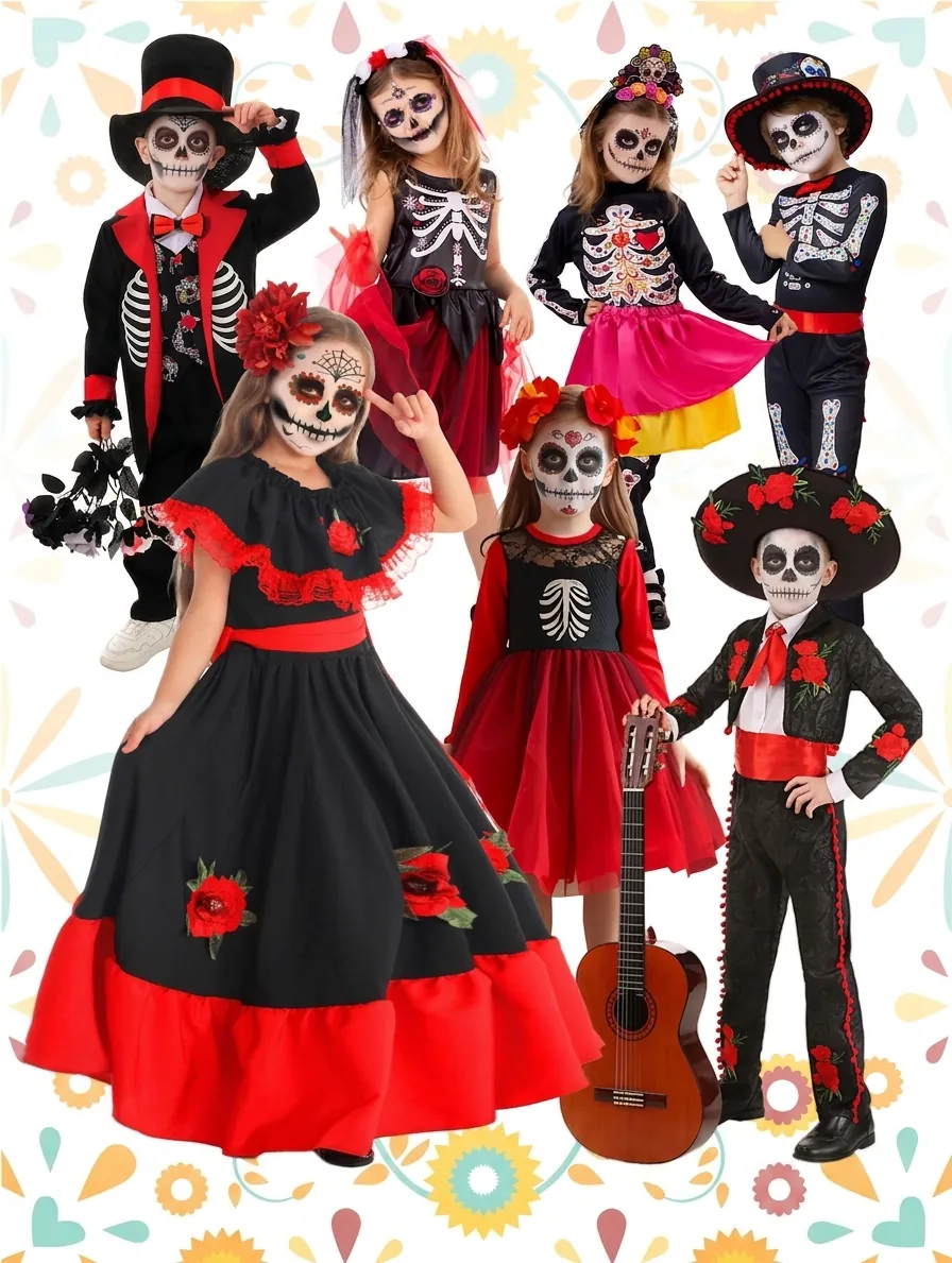 Kids Mexican Day Of The Dead Halloween Costume Set Skull Skeleton Rose Printed Performance Clothing Top And Bottom For Boys Girls