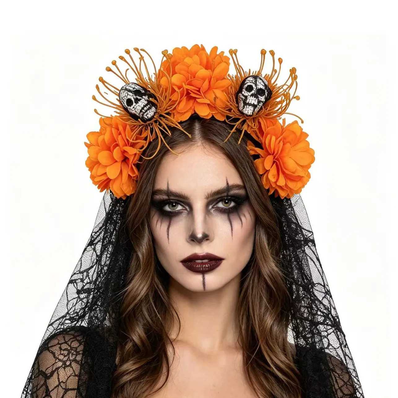Serre-Tête Halloween Jour Des Morts Fleur Tête De Mort Voile Dentelle Noire Accessoire Cheveux Fête Gothique Femmes