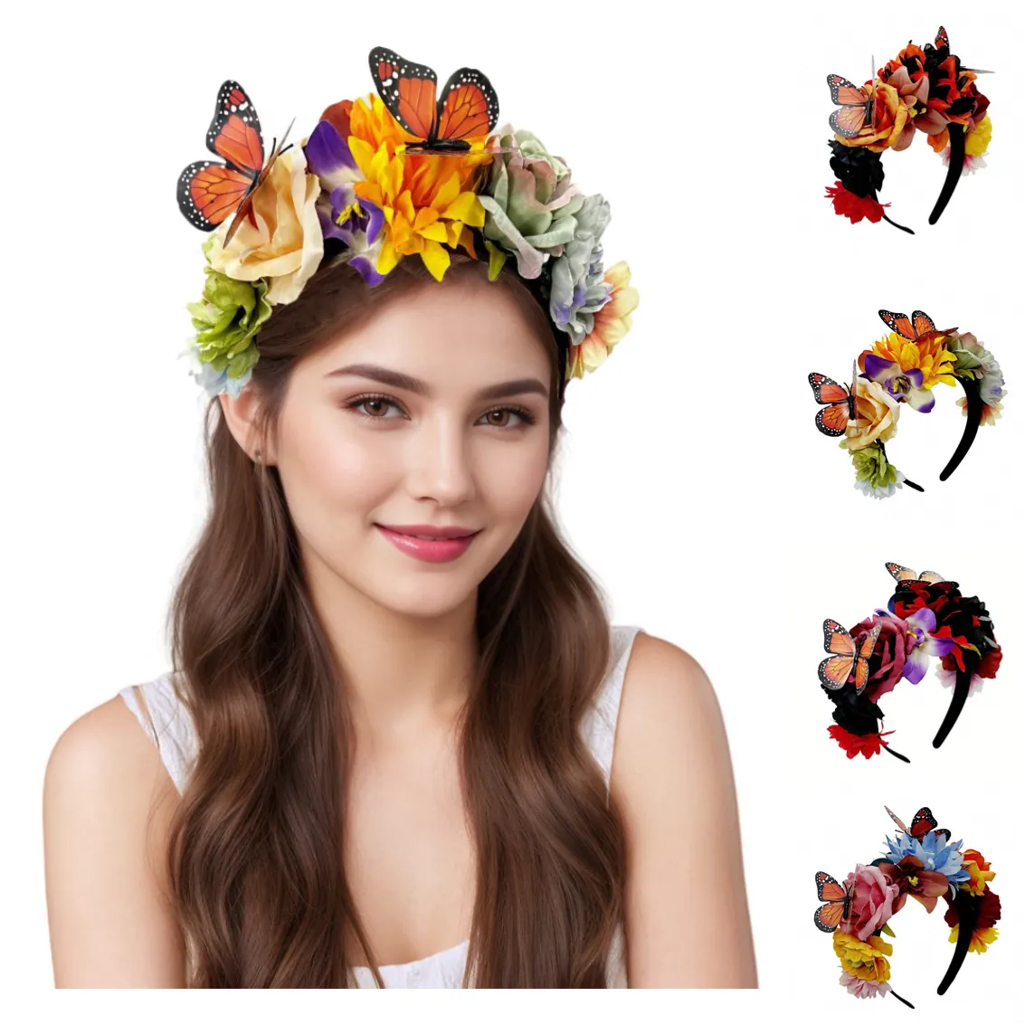 Mexican Day Of The Dead Floral Headband With Butterfly Decoration Halloween Party Costume Headwear Flower Crown Fascinator For Women