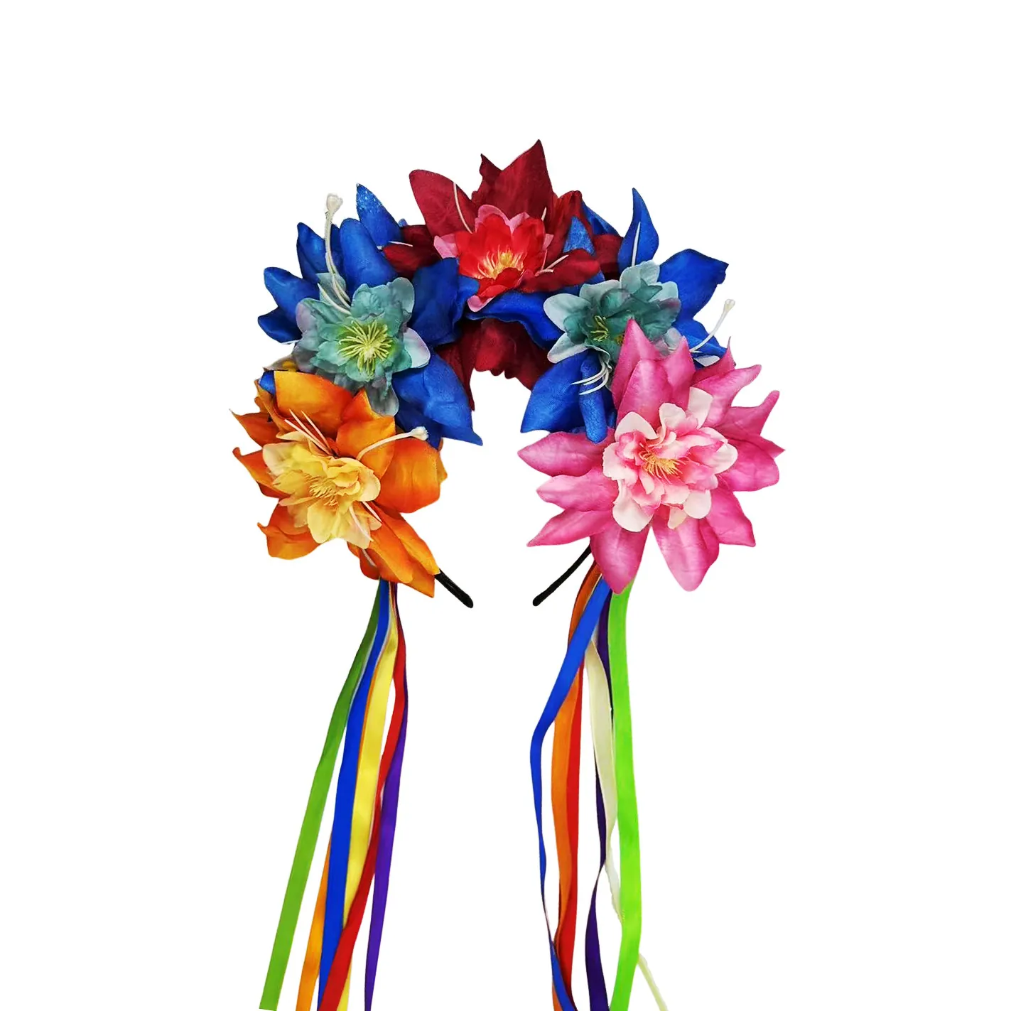 Mexican Style Artificial Flower Headband With Rainbow Streamers Exaggerated Party Hair Accessory For Halloween Carnival Costume