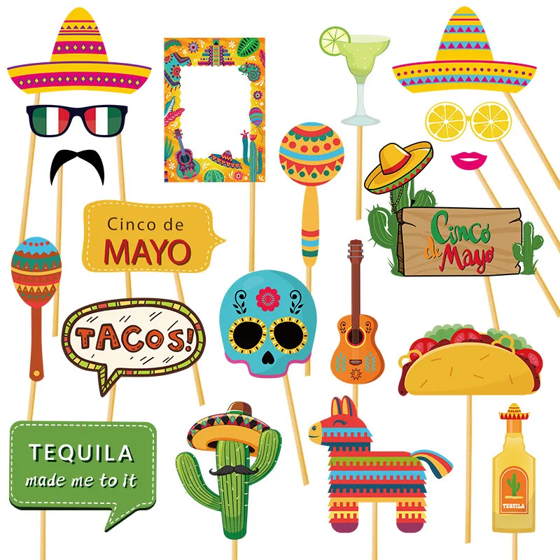 Mexican Fiesta Photo Booth Props Cinco De Mayo Party Decorations Sombrero Taco Cactus Mustache Paper Card Wood Stick