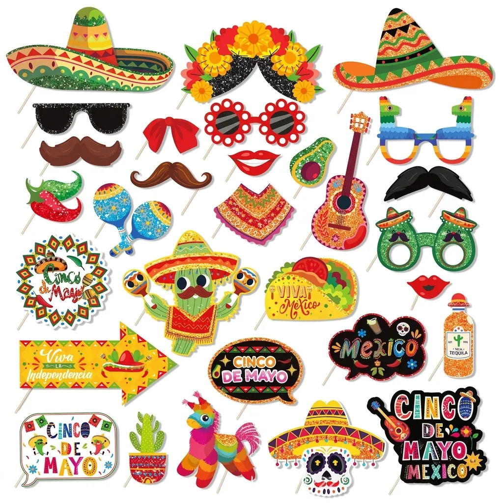 Mexican Fiesta Cinco De Mayo Photo Booth Props Sombrero Cactus Guitar Cardboard Photography Props For Carnival Party Decoration