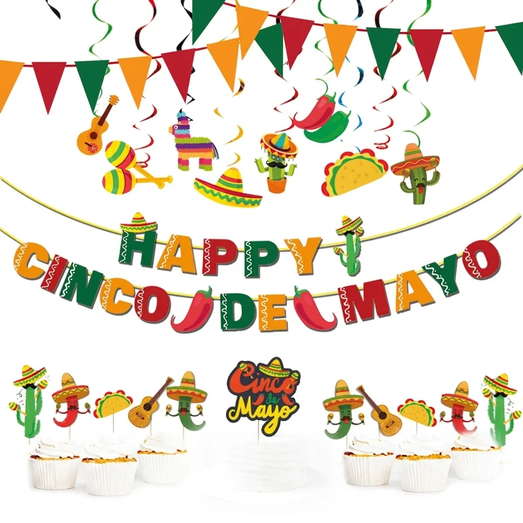 Kit Decorazioni Festa Messicana Cinco De Mayo Banner di Carta Fiesta Cactus Chili Taco Sombrero Toppers per Cupcake Spirali Appese per Decorazioni Eventi