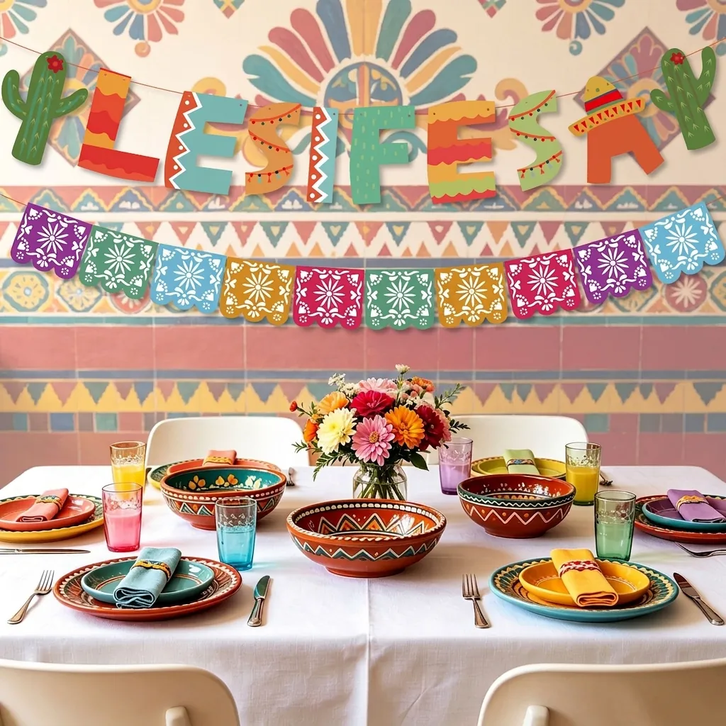 Mexican Fiesta Party Decorations Banners Colorful Paper Papel Picado Banners Cactus Sombrero Letter Banners For Cinco De Mayo Birthday Celebration Home Decor