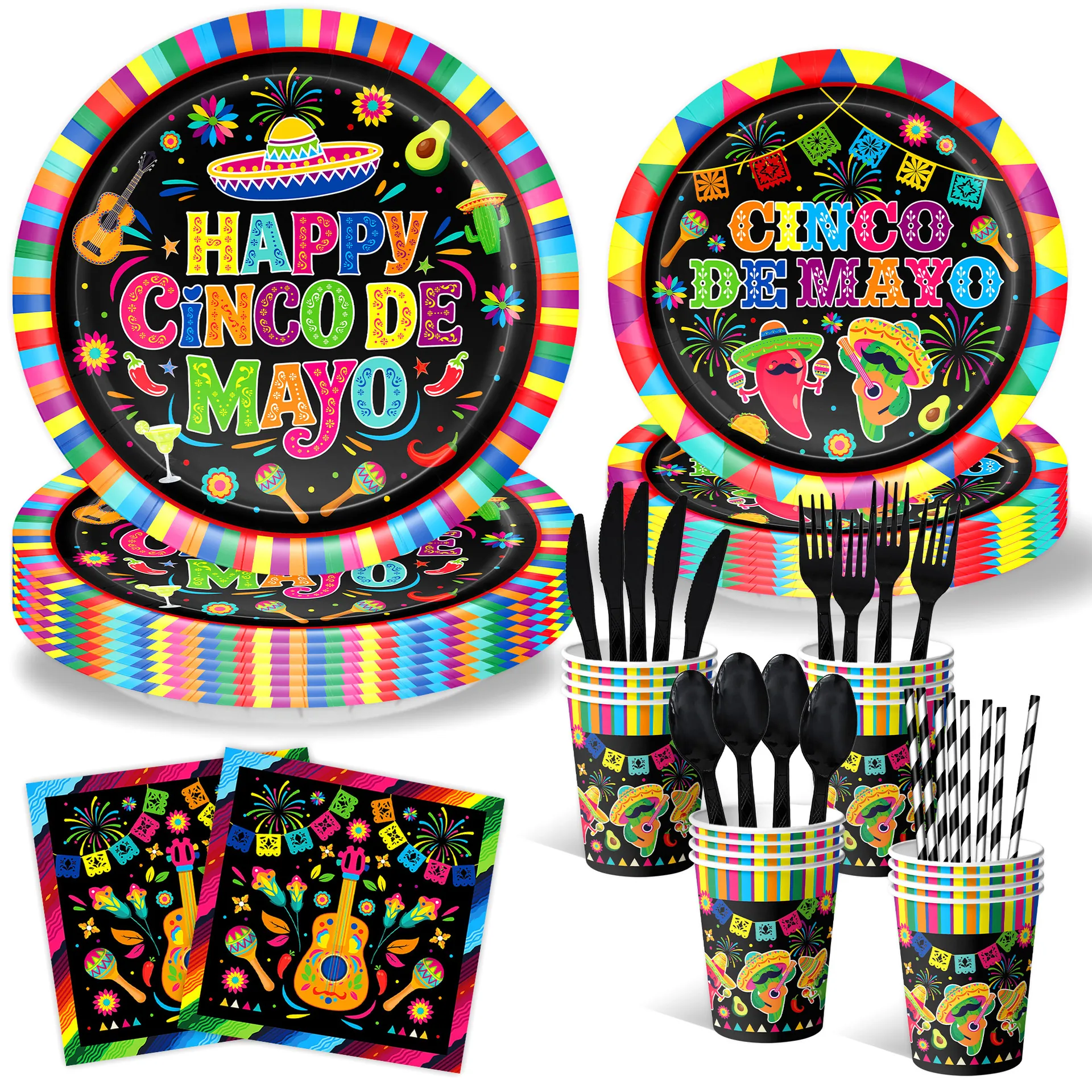 Cinco De Mayo Mexican Fiesta Party Tableware Disposable Plates Cups Napkins Tablecloth Black Rainbow Pattern Festive Decorations