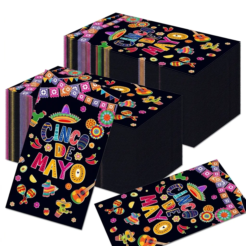 Cinco De Mayo Paper Napkins Mexican Party Tableware Decorations Black Disposable Rectangular Napkins With Cactus Sombrero Guitar Pattern