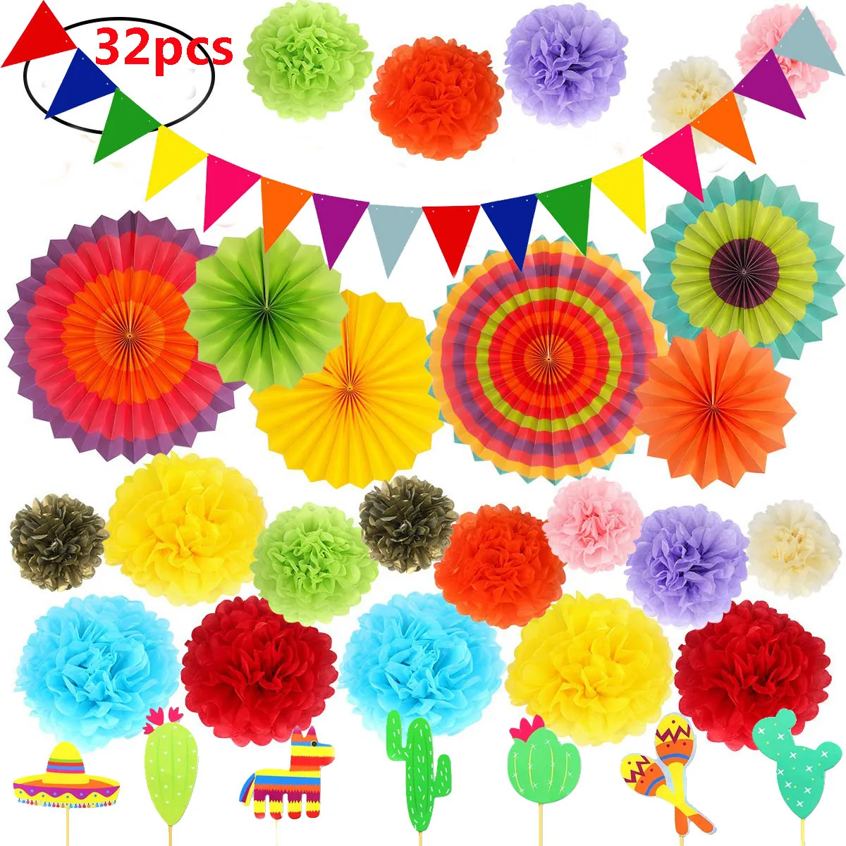 Mexican Fiesta Party Decorations Day Of The Dead Cinco De Mayo Colorful Paper Fans Pom Poms Banner Cake Toppers Fiesta Supplies