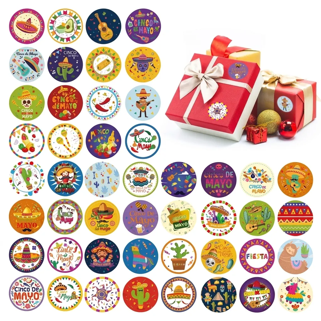 Mexican Fiesta Cinco De Mayo Party Stickers 8 Sheets Colorful Sombrero Cactus Designs Round Adhesive Gift Label Party Decor