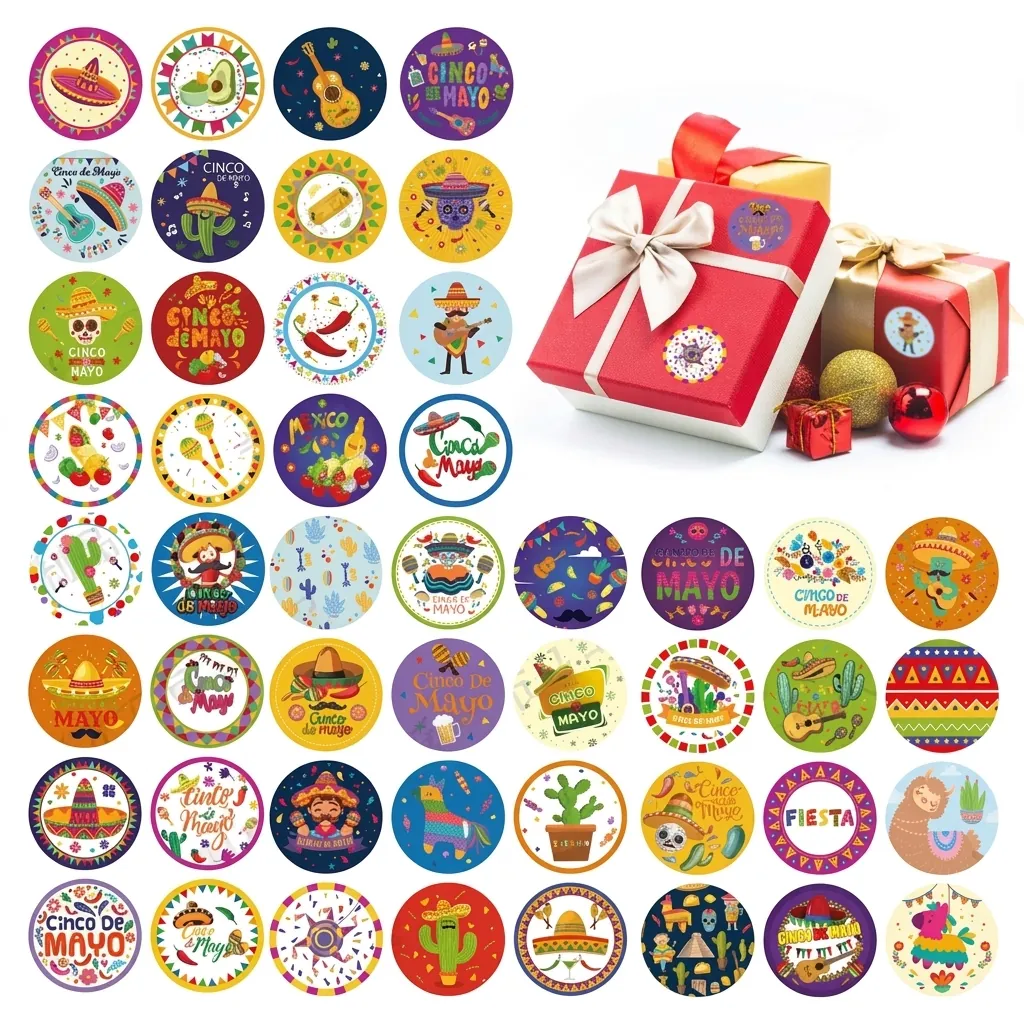 Cinco De Mayo Mexican Fiesta Party Stickers Colorful Cartoon Cactus Sombrero Piñata Designs Self Adhesive Holiday Decor