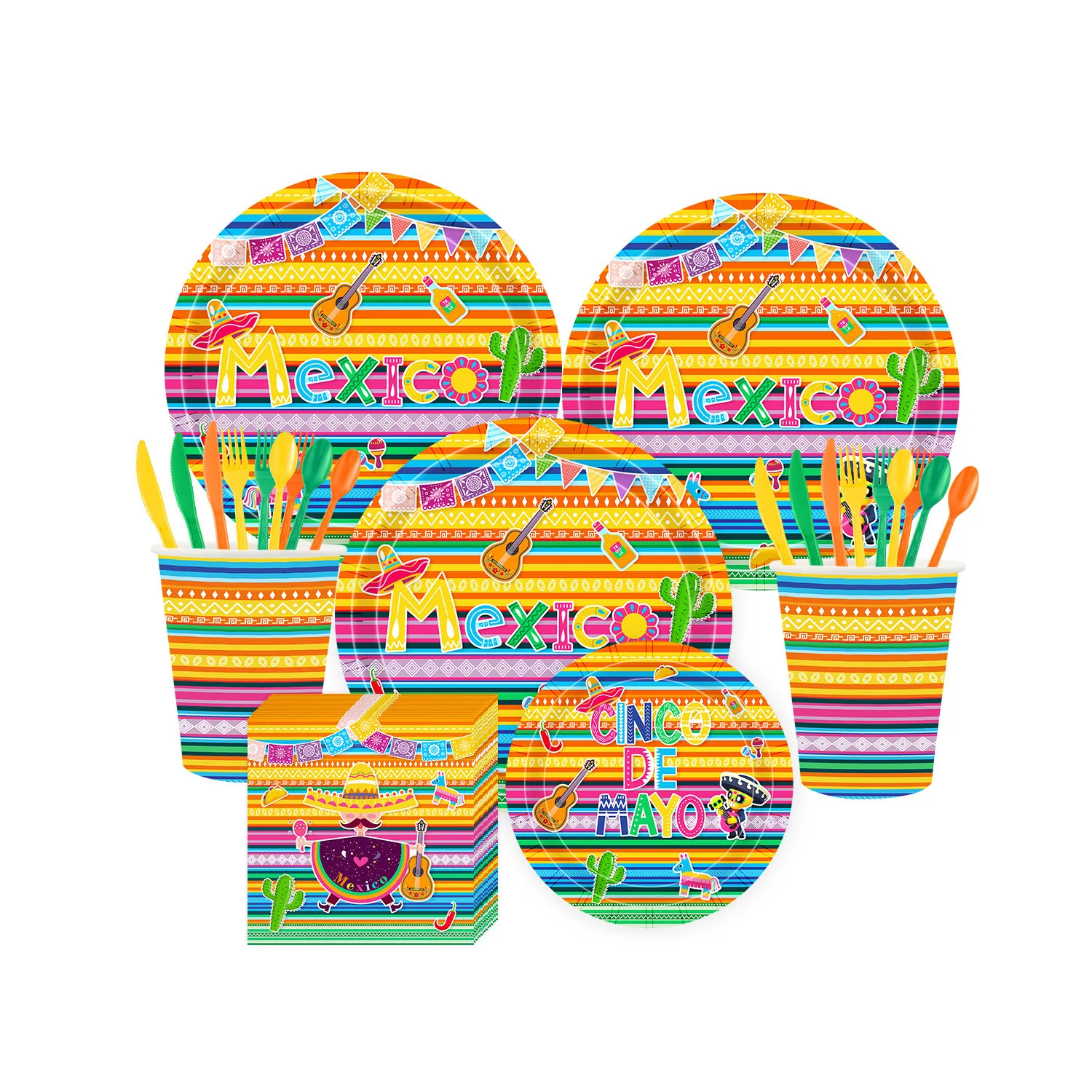 Vajilla Desechable de Fiesta Mexicana Cinco De Mayo Rayas de Arco Iris Plato de Papel Servilleta Vaso Mantel Decoración de Fiesta Suministros de Celebración