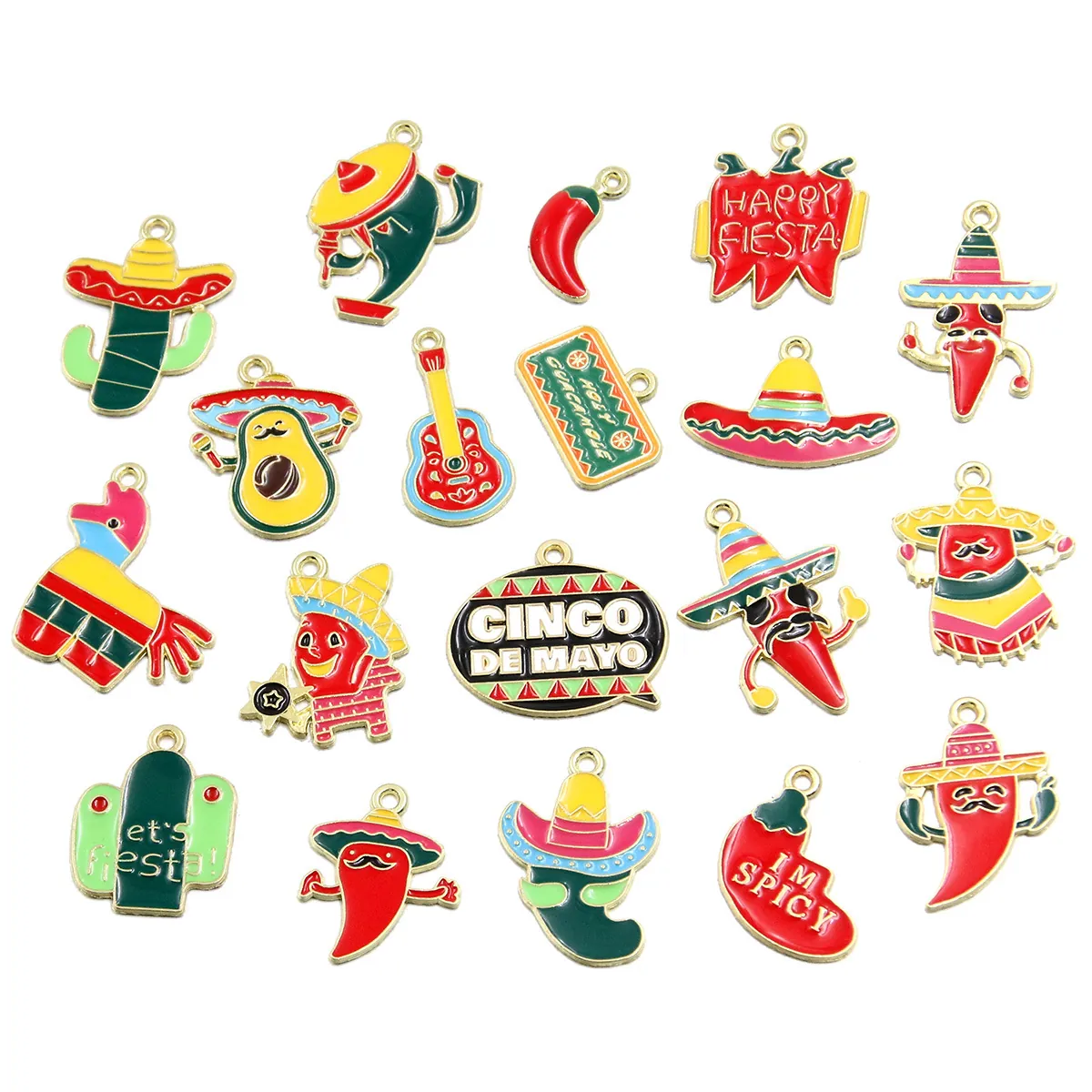 Mexican Fiesta Enamel Alloy Pendants Chili Avocado Cactus Guitar DIY Charms For Bracelet Keychain Jewelry Making Jewelry Findings
