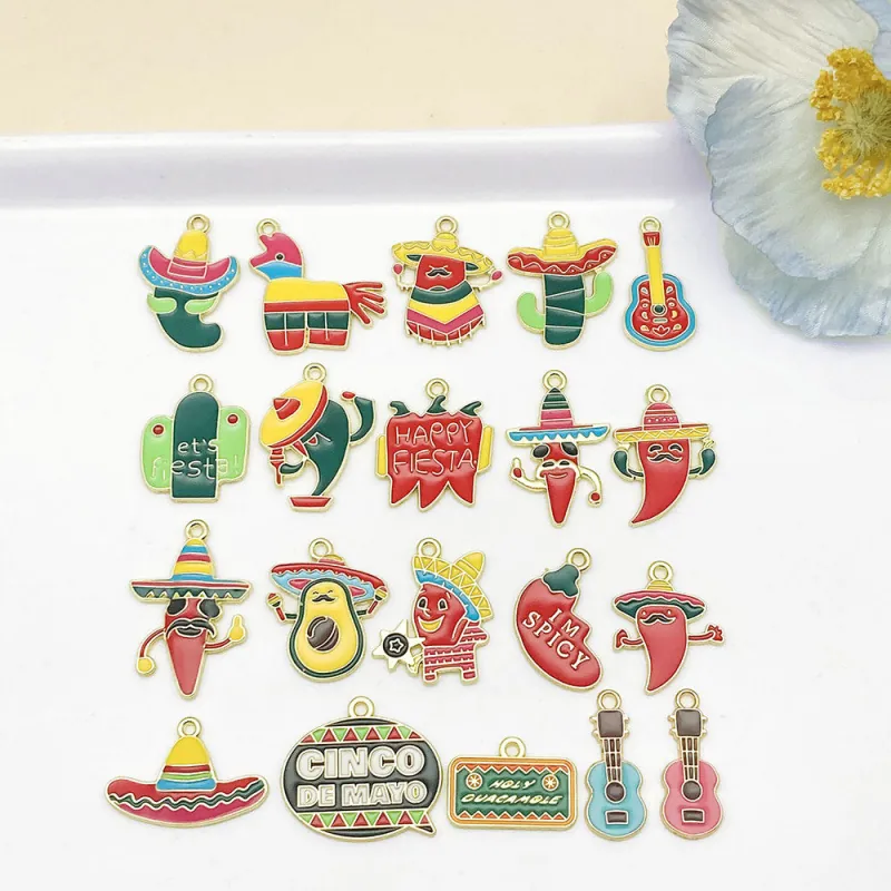 Mexican Fiesta Cartoon Enamel Alloy Charms Set Chili Cactus Guitar Avocado Sombrero Drip Oil Pendants For DIY Jewelry Making Bracelet Keychain Accessories