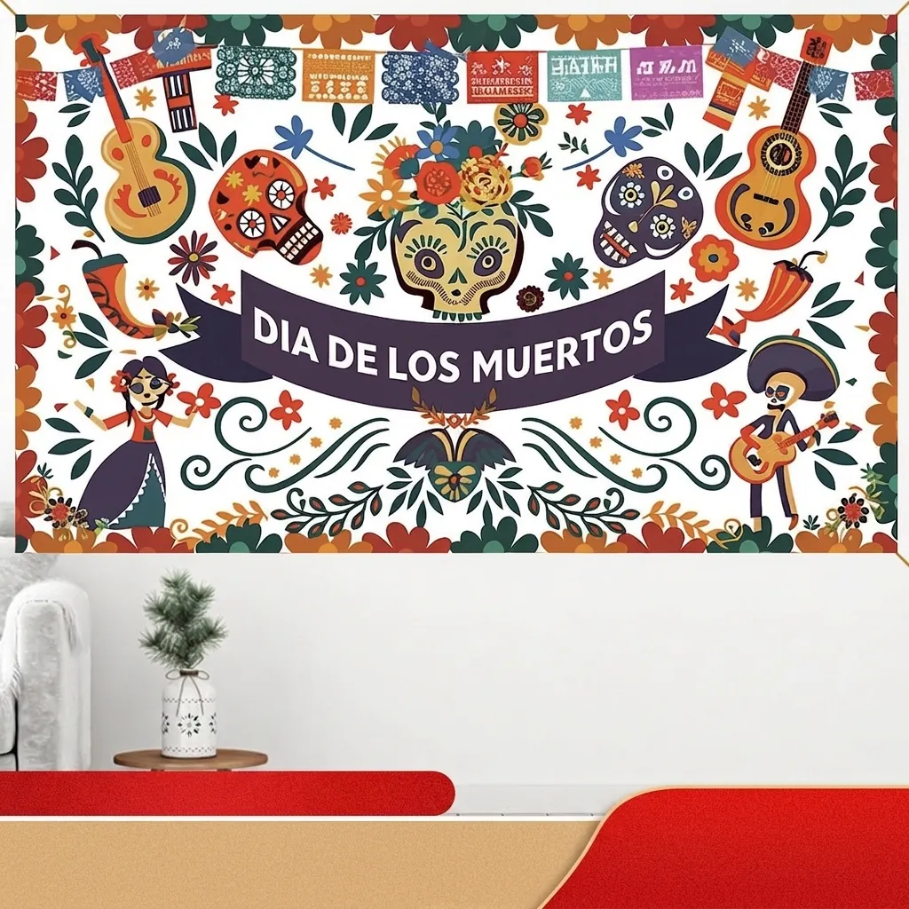 Mexique Jour Des Morts Bannière Toile De Fond Coloré Crâne Guitare Motif Floral Polyester Fête Décoration Fond Tissu