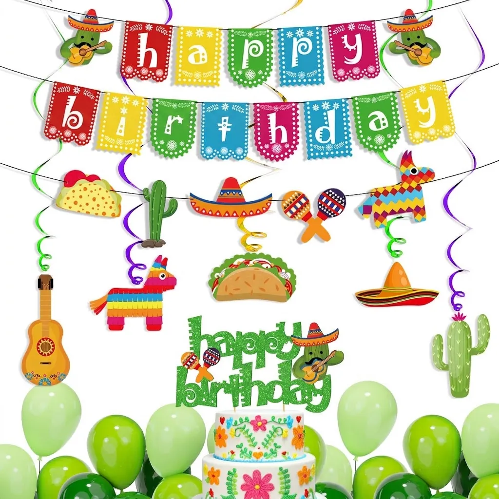 Mexican Fiesta Birthday Party Decoration Cactus Sombrero Taco Piñata Happy Birthday Banner Hanging Swirls Cake Topper Supplies