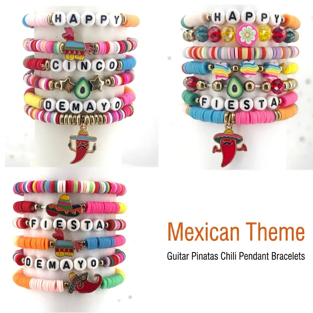 Set Braccialetti Fiesta Cinco de Mayo Messicano Colorati in Pasta Polimerica Heishi Perline Braccialetti Etnici Piñata Peperoncino Gioielli Regalo Donna