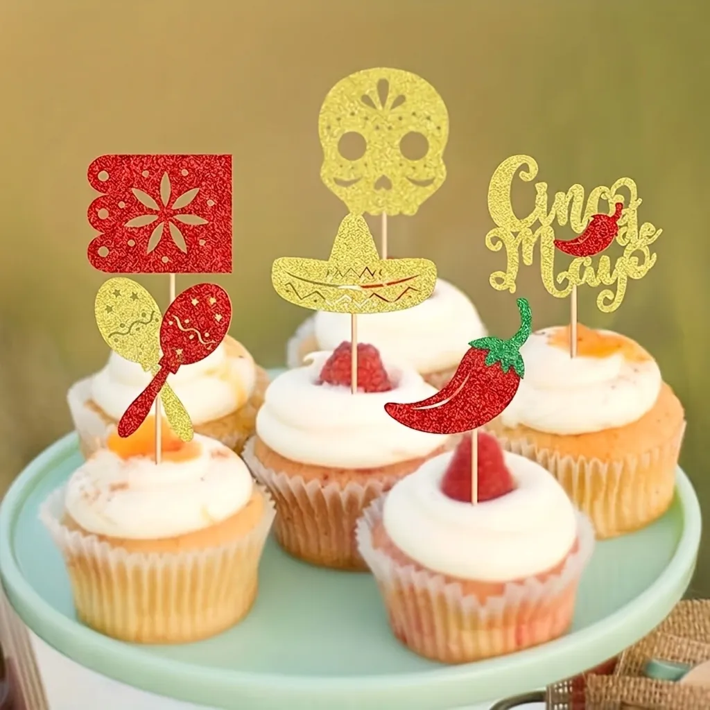 Mexican Fiesta Cake Toppers Cinco De Mayo Sombrero Skull Chili Glitter Paper Dessert Decoration Birthday Wedding Supplies Party Ornaments