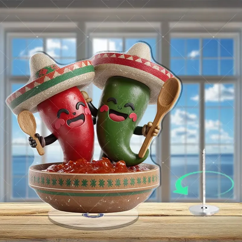 2D Flat Acrylic Chili Rotating Ornament Mexican Sombrero Cartoon Character Desktop Decoration Party Souvenir Home Gift