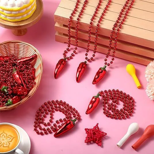 Mexican Cinco De Mayo Chili Pepper Bead Necklace Festive Red Fruit Shape Plastic Costume Jewelry Party For Men Women