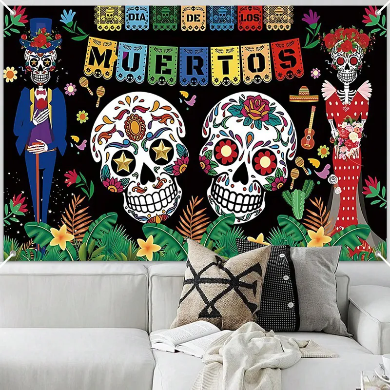 Sfondo Messicano Dia De Los Muertos Teschio Di Zucchero Tagete Banner Giorno Dei Morti Poliestere Decorazione Festa Sfondo Foto