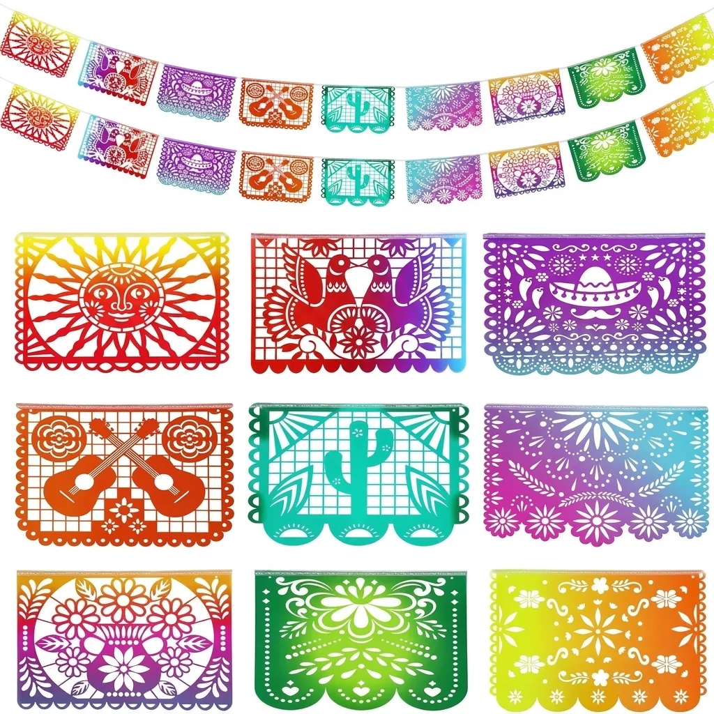 Mexican Papel Picado Style Banner Gradient PET Plastic Bunting For Day Of The Dead Party Decorations Traditional Floral Pattern Festival Garland