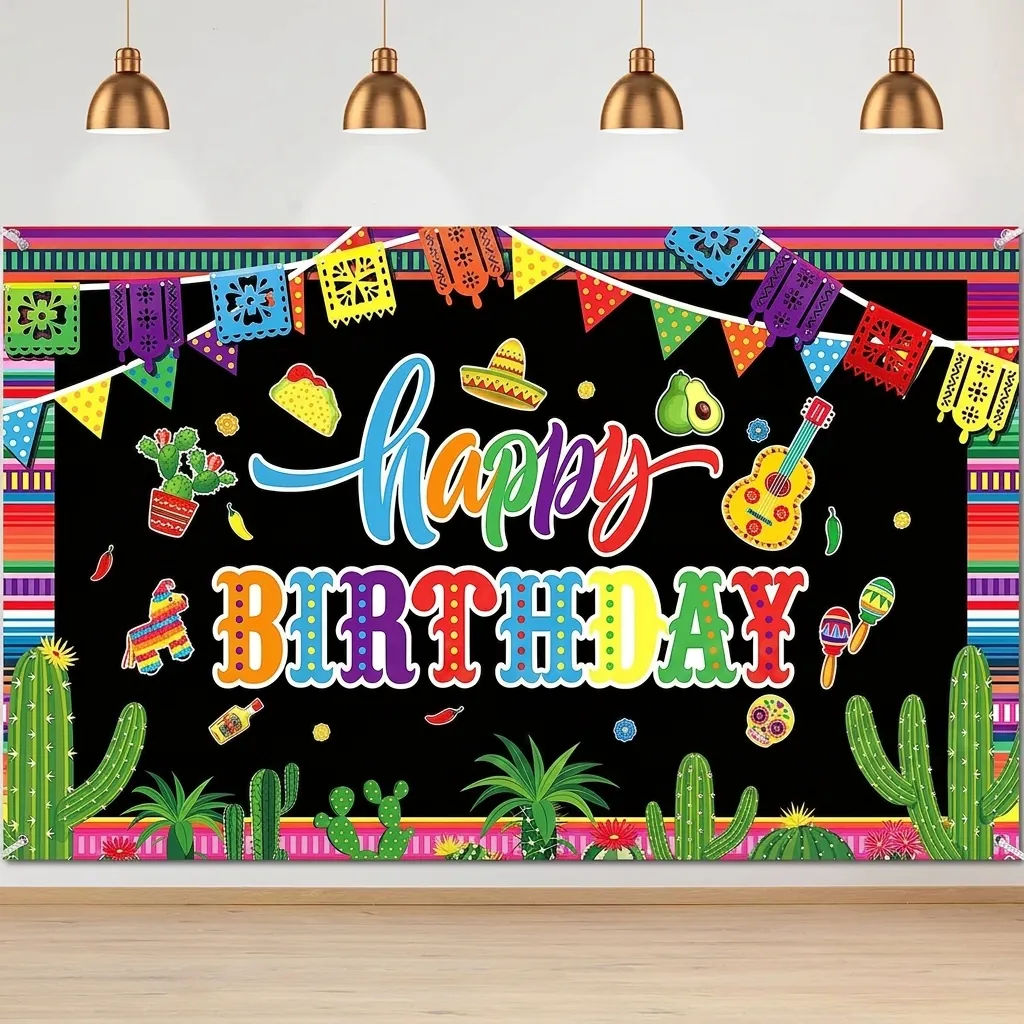 Striscione per Sfondo di Compleanno Messicano Fiesta Tessuto da Parete Con Cactus Sombrero Chitarra Pinata Per Decorazioni Fotografiche