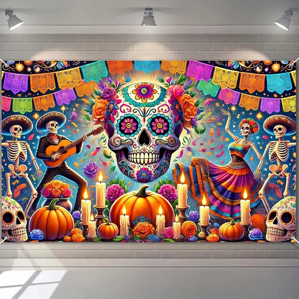 Bannière Toile de Fond Jour Des Morts Décorations de Fête Halloween Mexicaine Crâne de Sucre Souci Fond en Vinyle pour Photographie Événement