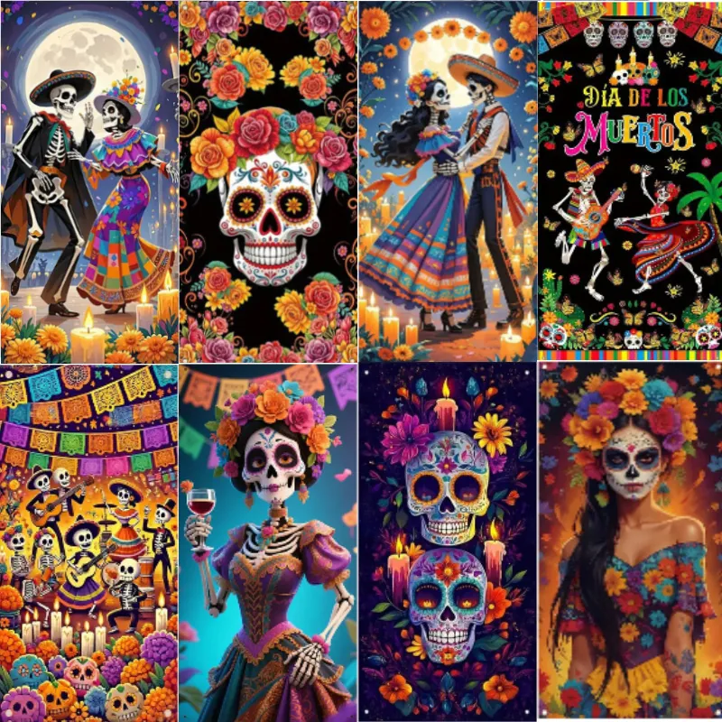 Mexican Day Of The Dead Door Banner Polyester Halloween Party Decoration Printed Skeleton Flower Pattern Porch Sign Photo Backdrop