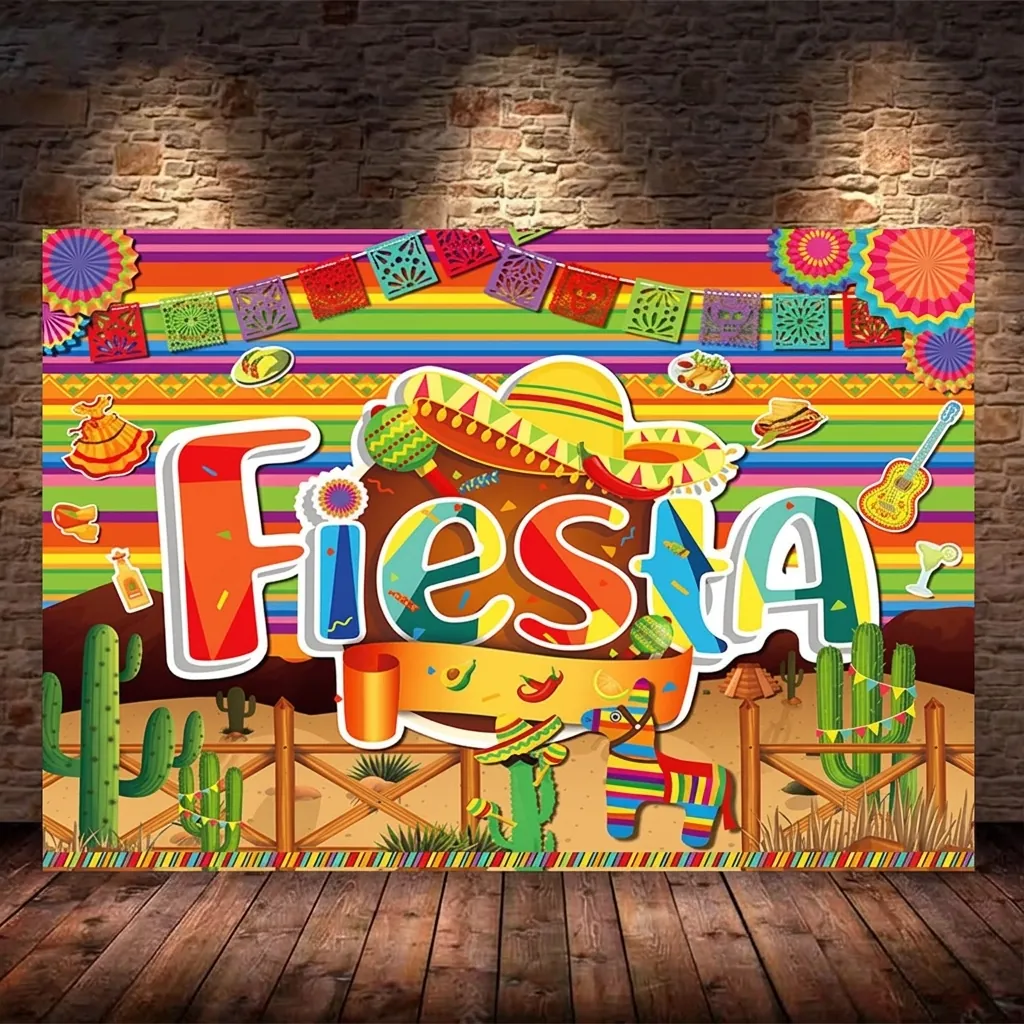 Mexican Fiesta Backdrop Colorful Stripe Vinyl Photography Background Cactus Guitar Birthday Party Decorations Outdoor Banner