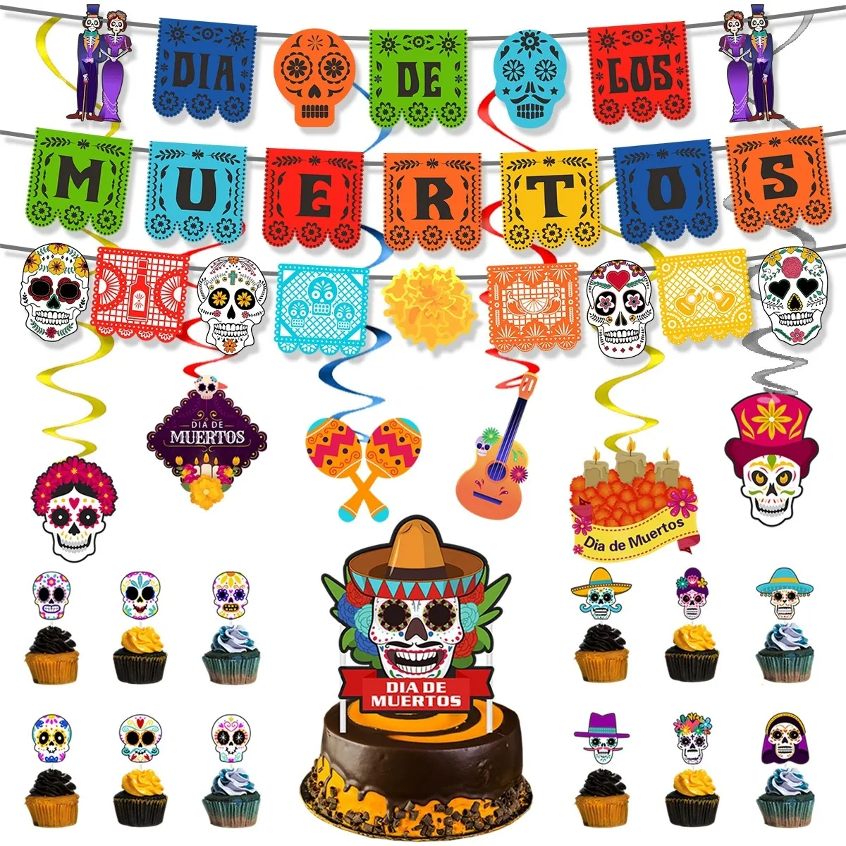 Messico Giorno Dei Morti Festa Decorazione Teschio Di Zucchero Banner Palloncini In Lattice Palloncini Foil Ciondolo Appeso A Spirale Topper Per Torta