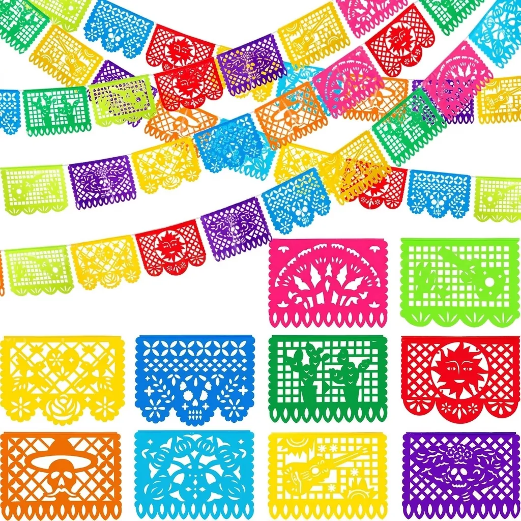 Mexican Carnival Papel Picado Banner Day of the Dead Colorful Plastic Square Banner For Garden Party Decoration Mexican Style Floral Skull Hollowed Out Banner