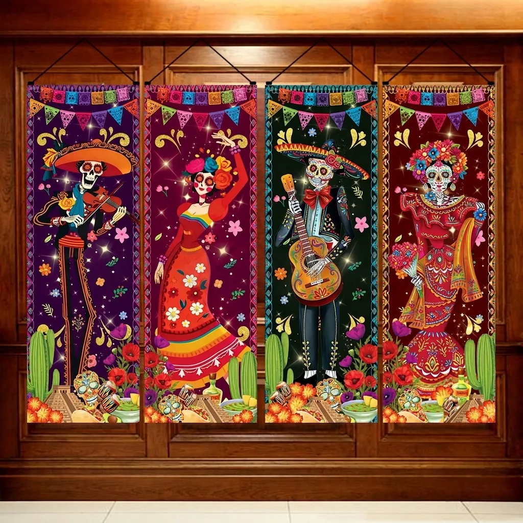 Mexican Day of the Dead Skeleton Banners Halloween Party Decorations Polyester Door Curtains Porch Hanging Flags For Outdoor Indoor Home Decor