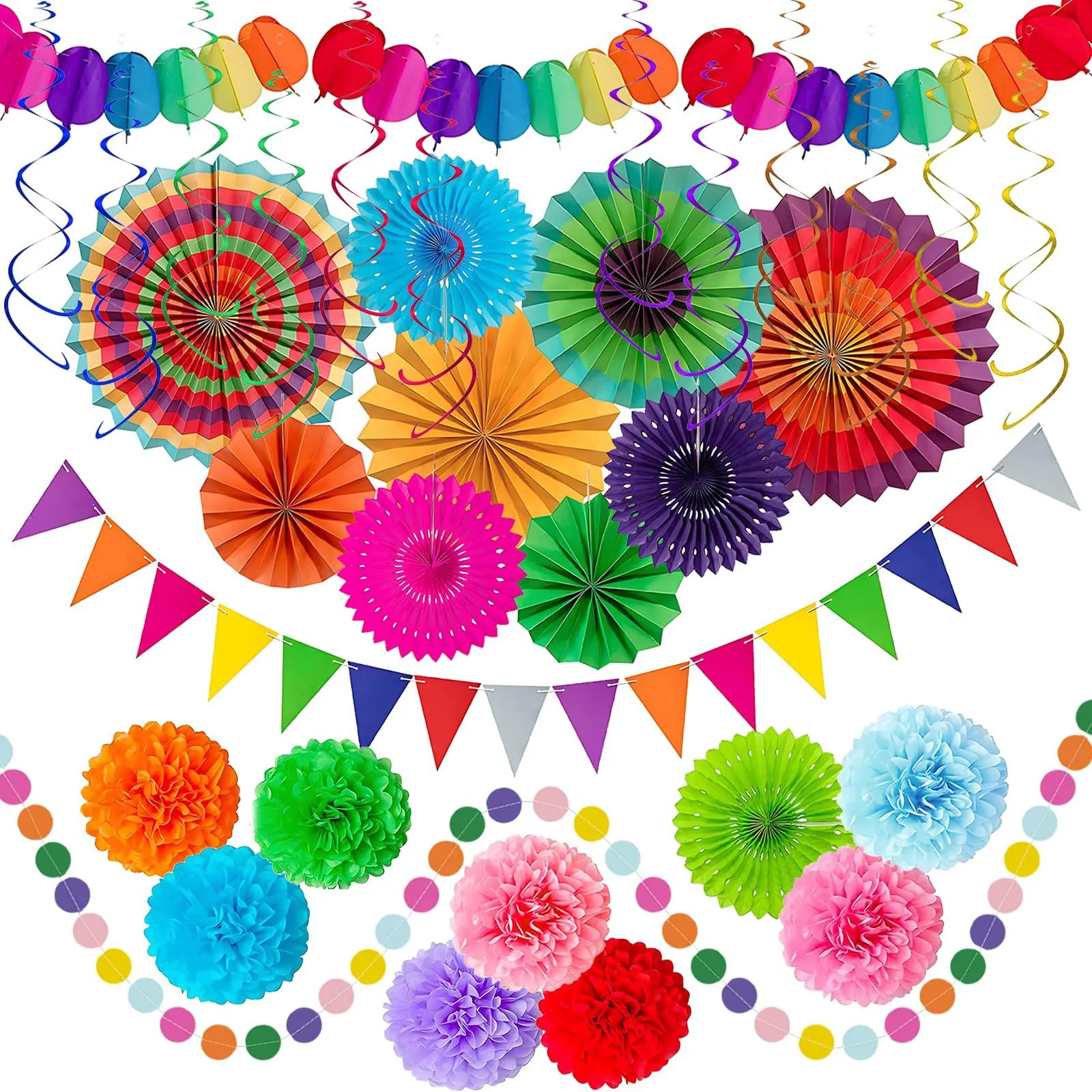 Mexican Fiesta Party Decoration Set Rainbow Paper Fans Pom Poms Triangle Banner Hanging Swirls For Birthday Wedding Decor