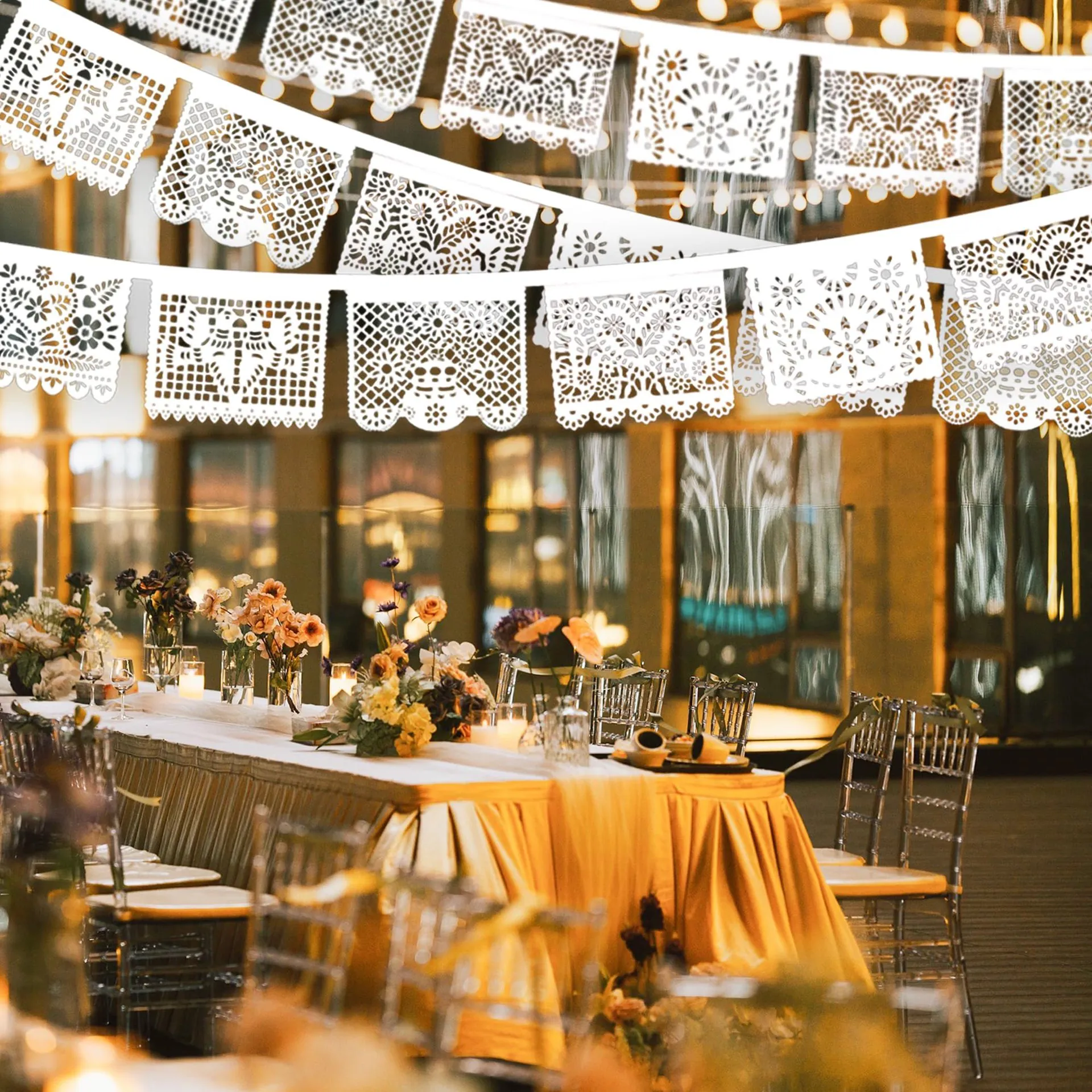 Mexican Papel Picado Banner White Felt Floral Heart Bird Hollow Out Party Wedding Garland Background Decoration