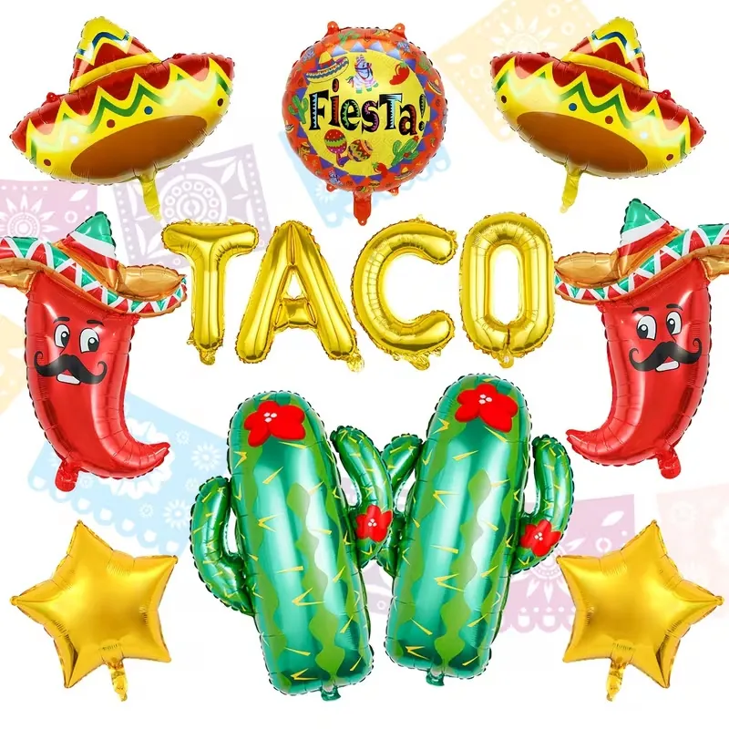 Mexican Fiesta Carnival Party Aluminum Film Balloon Mexican Flag Cactus Taco Sombrero Chili Aluminum Foil Balloons For Party Decoration